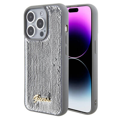 Apple iPhone 15 Pro Max Kılıf Guess Orjinal Lisanslı Pullu Arka Yüzey Metal Yazı Logolu Sequin Script Kapak - Guess