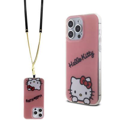 Apple iPhone 15 Pro Max Kılıf Hello Kitty Orjinal Lisanslı Askılı Yazı ve İkonik Logolu Daydreaming Kapak - Hello Kitty