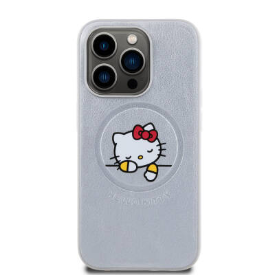 Apple iPhone 15 Pro Max Kılıf Hello Kitty Orjinal Lisanslı M-safe Şarj Özellikli Baskı Logolu Uyuyan Kitty Deri Kapak - 3