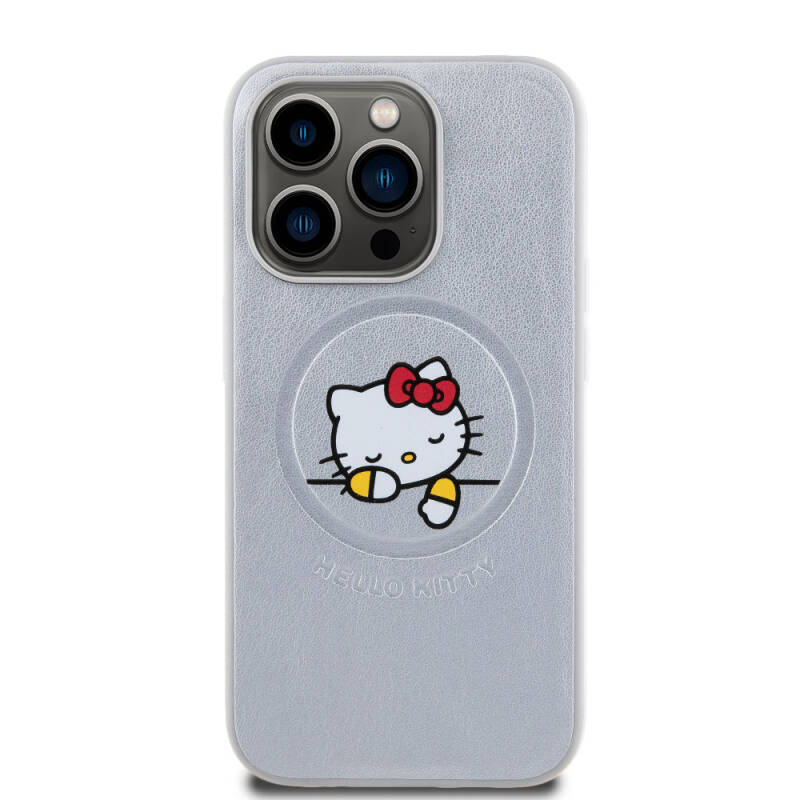 Apple iPhone 15 Pro Max Kılıf Hello Kitty Orjinal Lisanslı M-safe Şarj Özellikli Baskı Logolu Uyuyan Kitty Deri Kapak - 3