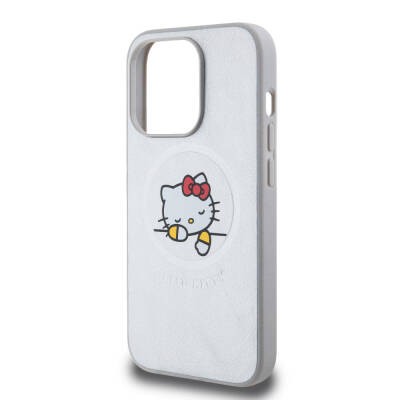 Apple iPhone 15 Pro Max Kılıf Hello Kitty Orjinal Lisanslı M-safe Şarj Özellikli Baskı Logolu Uyuyan Kitty Deri Kapak - 6