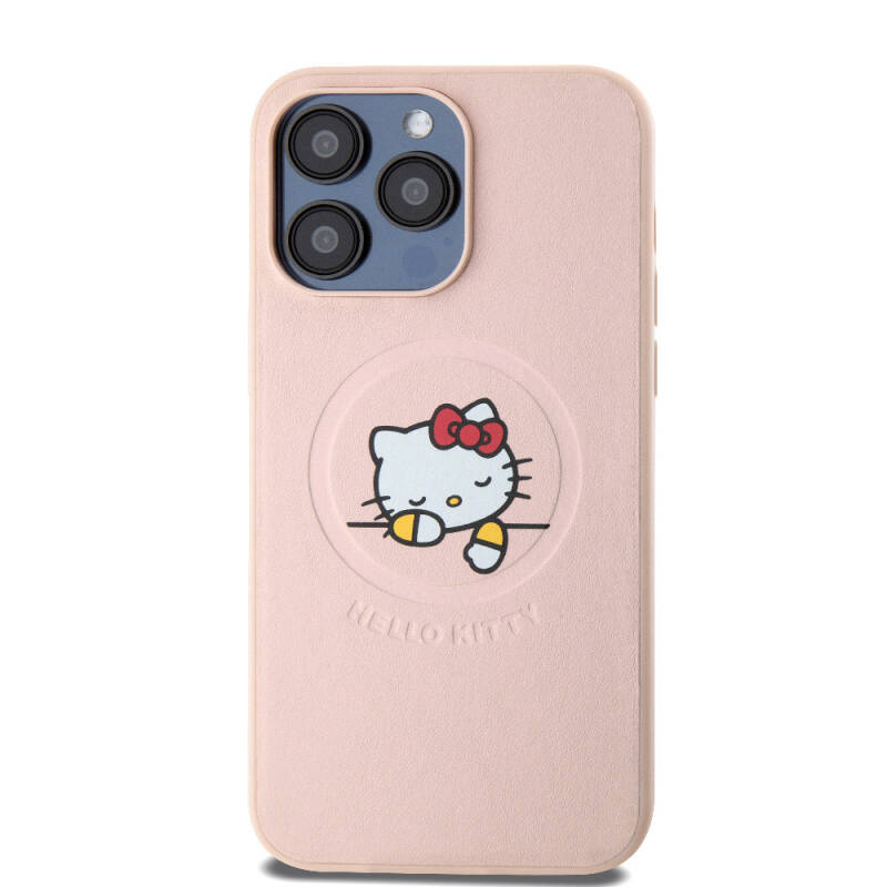 Apple iPhone 15 Pro Max Kılıf Hello Kitty Orjinal Lisanslı M-safe Şarj Özellikli Baskı Logolu Uyuyan Kitty Deri Kapak - 12