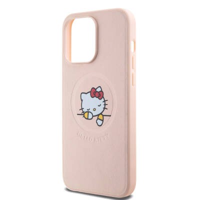 Apple iPhone 15 Pro Max Kılıf Hello Kitty Orjinal Lisanslı M-safe Şarj Özellikli Baskı Logolu Uyuyan Kitty Deri Kapak - 15