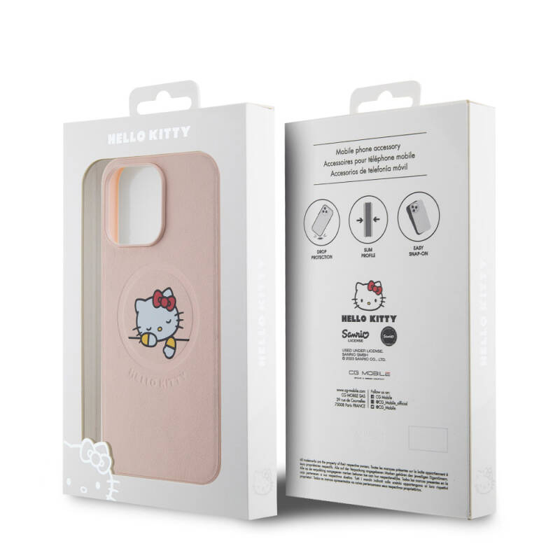 Apple iPhone 15 Pro Max Kılıf Hello Kitty Orjinal Lisanslı M-safe Şarj Özellikli Baskı Logolu Uyuyan Kitty Deri Kapak - 17