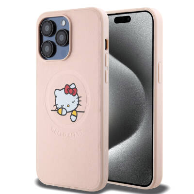 Apple iPhone 15 Pro Max Kılıf Hello Kitty Orjinal Lisanslı M-safe Şarj Özellikli Baskı Logolu Uyuyan Kitty Deri Kapak - 10