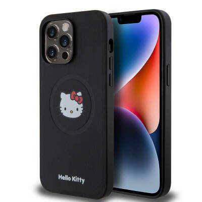 Apple iPhone 15 Pro Max Kılıf Hello Kitty Orjinal Lisanslı M-safe Şarj Özellikli Kitty Head Deri Kapak - Hello Kitty
