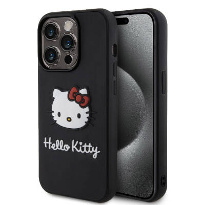Apple iPhone 15 Pro Max Kılıf Hello Kitty Orjinal Lisanslı Yazı ve İkonik Logolu 3D Rubber Kitty Head Kapak - Hello Kitty