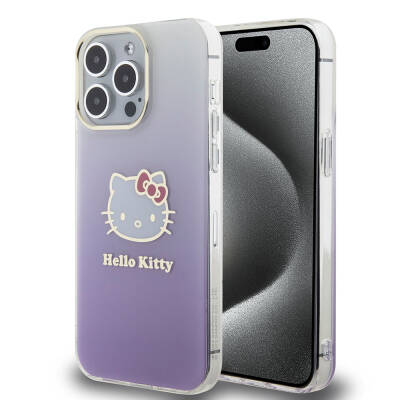 Apple iPhone 15 Pro Max Kılıf Hello Kitty Orjinal Lisanslı Yazı ve İkonik Logolu Elektroplating Kaplama Gradyan Kapak - Hello Kitty