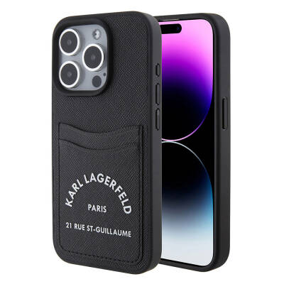 Apple iPhone 15 Pro Max Kılıf Karl Lagerfeld Kartlıklı Saffiano 3D RSG Logo Orjinal Lisanslı Kapak - Karl Lagerfeld