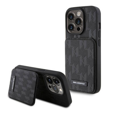 Apple iPhone 15 Pro Max Kılıf Karl Lagerfeld Standlı Kartlıklı Saffiano Monogram Metal Logo Orjinal Lisanslı Kapak - Karl Lagerfeld