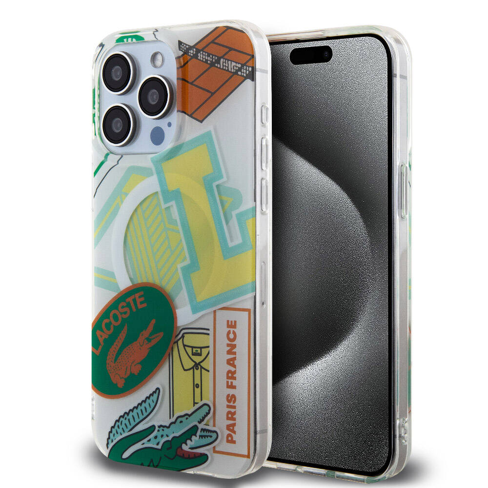 Apple iPhone 15 Pro Max Kılıf Lacoste Orjinal Lisanslı M-safe Şarj Özellikli Çift Katmanlı Yamalar Desenli Kapak - Sarı