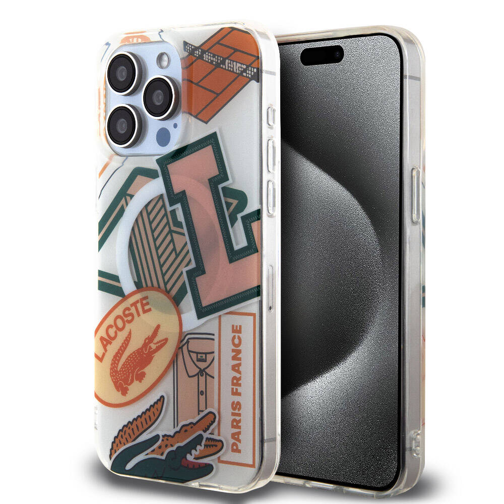 Apple iPhone 15 Pro Max Kılıf Lacoste Orjinal Lisanslı M-safe Şarj Özellikli Çift Katmanlı Yamalar Desenli Kapak - Turuncu