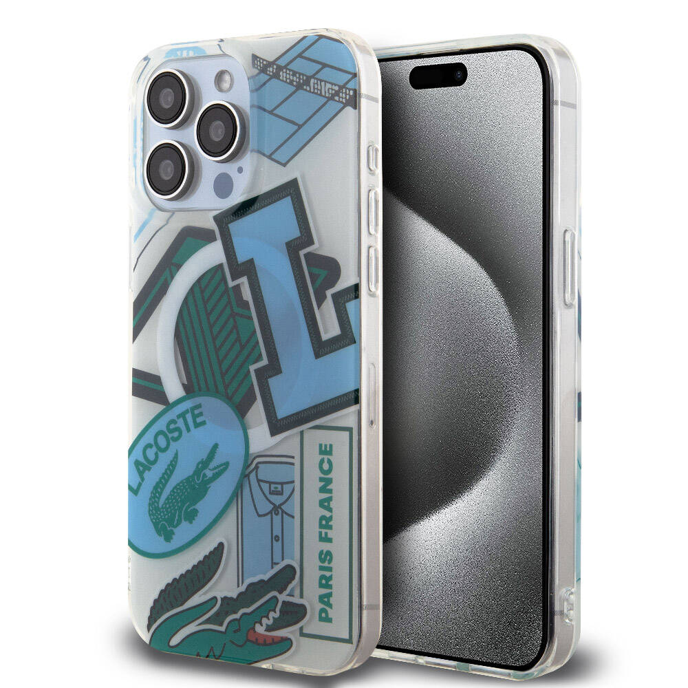 Apple iPhone 15 Pro Max Kılıf Lacoste Orjinal Lisanslı M-safe Şarj Özellikli Çift Katmanlı Yamalar Desenli Kapak - Mavi