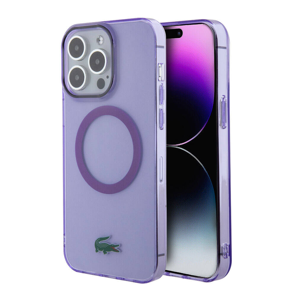 Apple iPhone 15 Pro Max Kılıf Lacoste Orjinal Lisanslı M-safe Şarj Özellikli İkonik Timsah Logolu Hard Parme Kapak - Mor