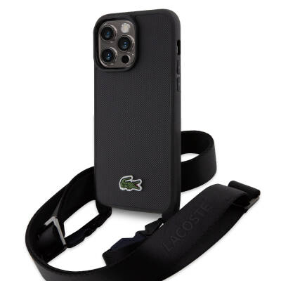 Apple iPhone 15 Pro Max Kılıf Lacoste Orjinal Lisanslı PU Pike Desenli Arka Yüzey Askılı İkonik Timsah Dokuma Logolu Kapak - 15