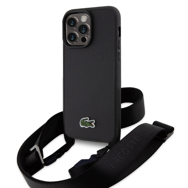 Apple iPhone 15 Pro Max Kılıf Lacoste Orjinal Lisanslı PU Pike Desenli Arka Yüzey Askılı İkonik Timsah Dokuma Logolu Kapak - 15