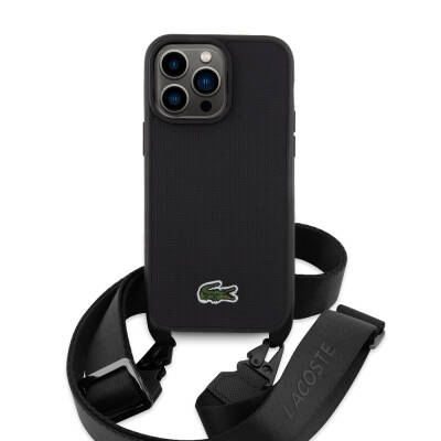 Apple iPhone 15 Pro Max Kılıf Lacoste Orjinal Lisanslı PU Pike Desenli Arka Yüzey Askılı İkonik Timsah Dokuma Logolu Kapak - 16