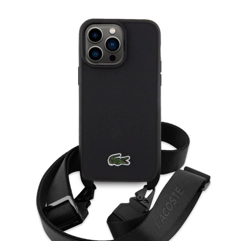 Apple iPhone 15 Pro Max Kılıf Lacoste Orjinal Lisanslı PU Pike Desenli Arka Yüzey Askılı İkonik Timsah Dokuma Logolu Kapak - 16