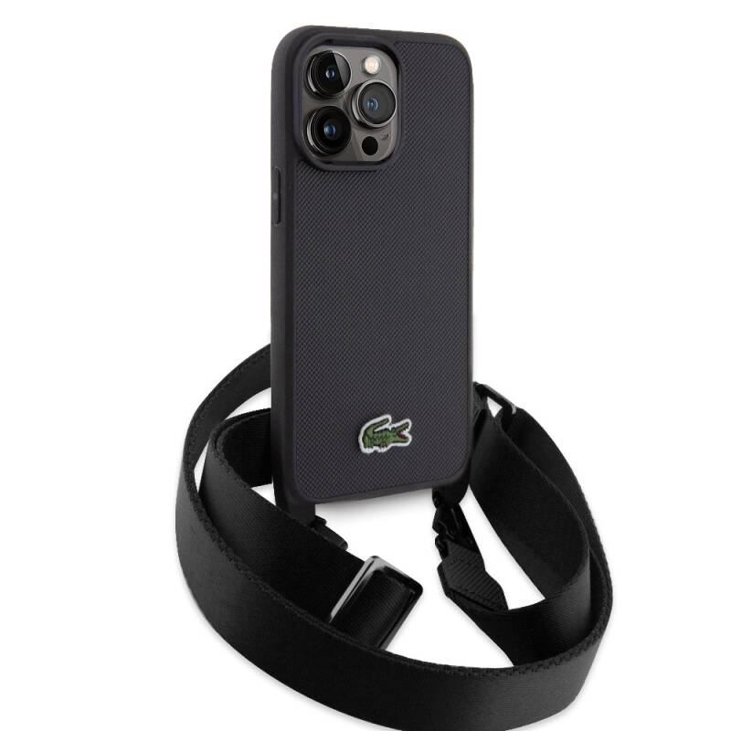 Apple iPhone 15 Pro Max Kılıf Lacoste Orjinal Lisanslı PU Pike Desenli Arka Yüzey Askılı İkonik Timsah Dokuma Logolu Kapak - 17