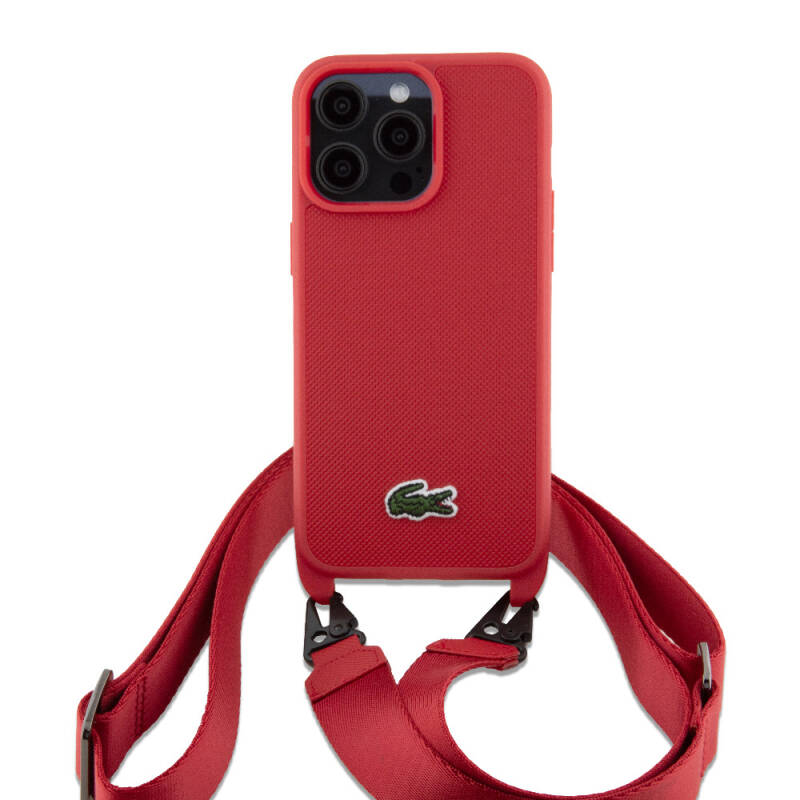 Apple iPhone 15 Pro Max Kılıf Lacoste Orjinal Lisanslı PU Pike Desenli Arka Yüzey Askılı İkonik Timsah Dokuma Logolu Kapak - 23