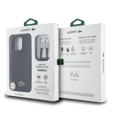 Apple iPhone 15 Pro Max Kılıf Lacoste Orjinal Lisanslı PU Pike Desenli Arka Yüzey İkonik Timsah Dokuma Logolu Kapak + Type-C Kablo 1.5m - 9