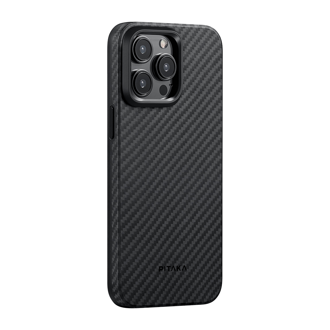 Apple iPhone 15 Pro Max Kılıf M-safe Şarj Özellikli 1500D Aramid Fiber Pitaka Military-Grade Classic Serisi Black-Grey Twill Kapak - Siyah-Gri