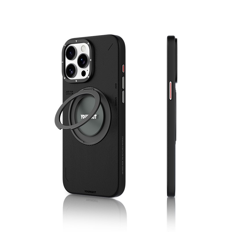 Apple iPhone 15 Pro Max Kılıf M-safe Şarj Özellikli 360° Standlı Basit Mat Deri Desenli Youngkit Tech Leather Serisi Kapak - 3