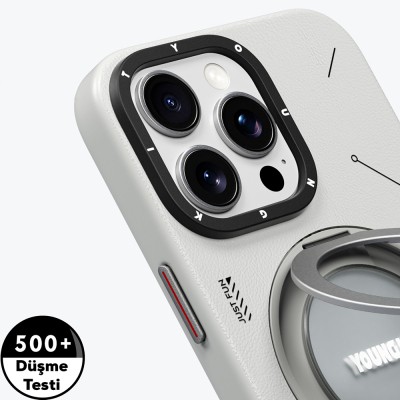 Apple iPhone 15 Pro Max Kılıf M-safe Şarj Özellikli 360° Standlı Basit Mat Deri Desenli Youngkit Tech Leather Serisi Kapak - 8