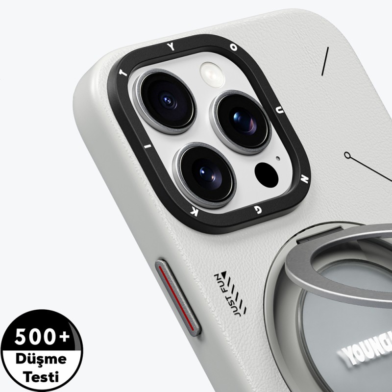 Apple iPhone 15 Pro Max Kılıf M-safe Şarj Özellikli 360° Standlı Basit Mat Deri Desenli Youngkit Tech Leather Serisi Kapak - 8
