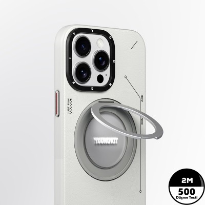 Apple iPhone 15 Pro Max Kılıf M-safe Şarj Özellikli 360° Standlı Basit Mat Deri Desenli Youngkit Tech Leather Serisi Kapak - 12