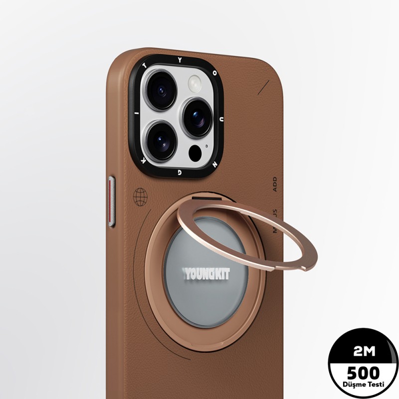 Apple iPhone 15 Pro Max Kılıf M-safe Şarj Özellikli 360° Standlı Basit Mat Deri Desenli Youngkit Tech Leather Serisi Kapak - 10
