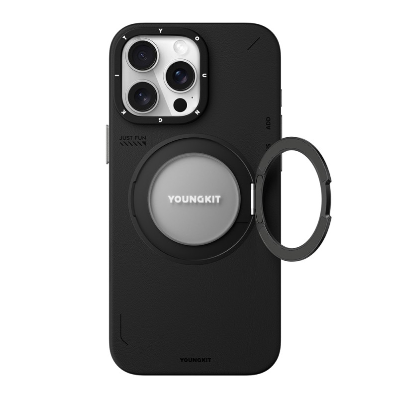 Apple iPhone 15 Pro Max Kılıf M-safe Şarj Özellikli 360° Standlı Basit Mat Deri Desenli Youngkit Tech Leather Serisi Kapak - 9