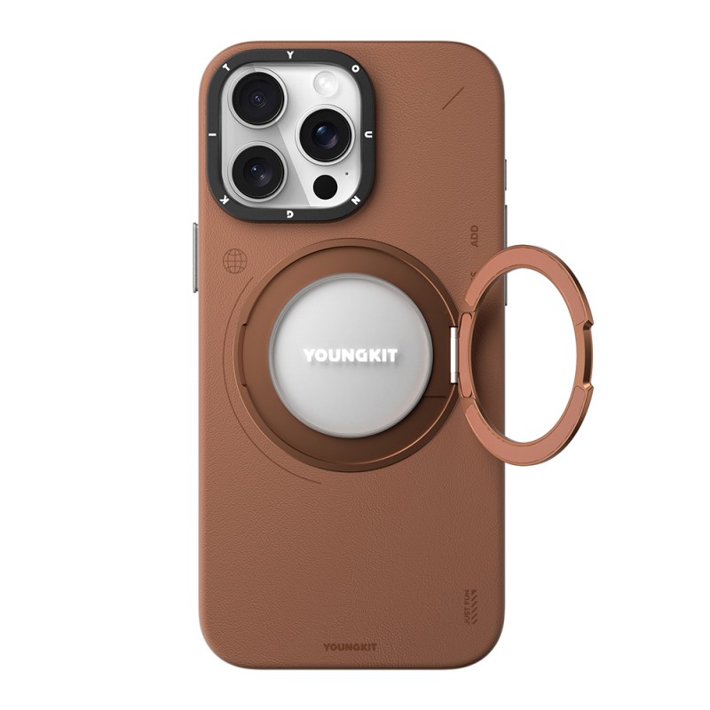 Apple iPhone 15 Pro Max Kılıf M-safe Şarj Özellikli 360° Standlı Basit Mat Deri Desenli Youngkit Tech Leather Serisi Kapak - 5