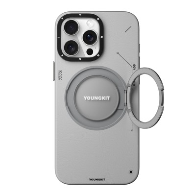 Apple iPhone 15 Pro Max Kılıf M-safe Şarj Özellikli 360° Standlı Basit Mat Deri Desenli Youngkit Tech Leather Serisi Kapak - 6
