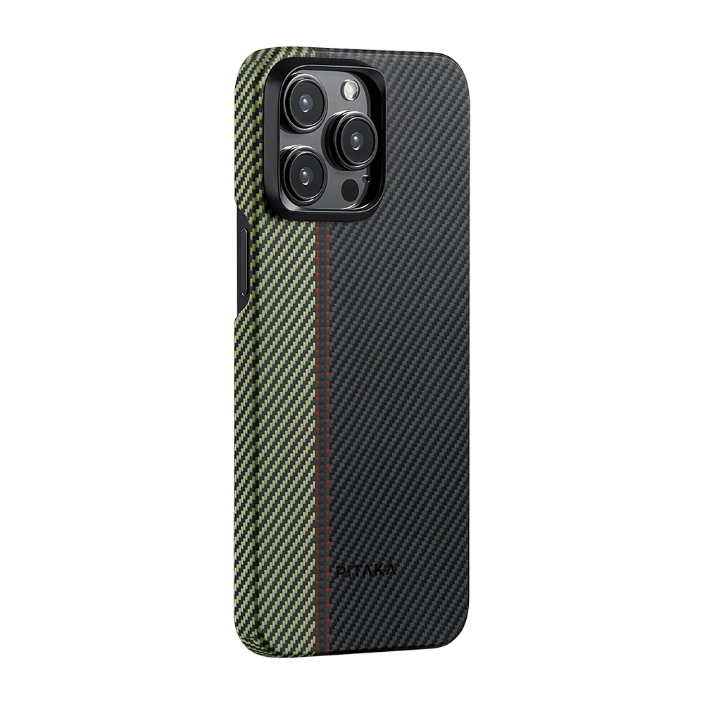 Apple iPhone 15 Pro Max Kılıf M-safe Şarj Özellikli 600D Aramid Fiber Pitaka Tactile Woven Orchestra Serisi Overture Kapak - Siyah-Yeşil