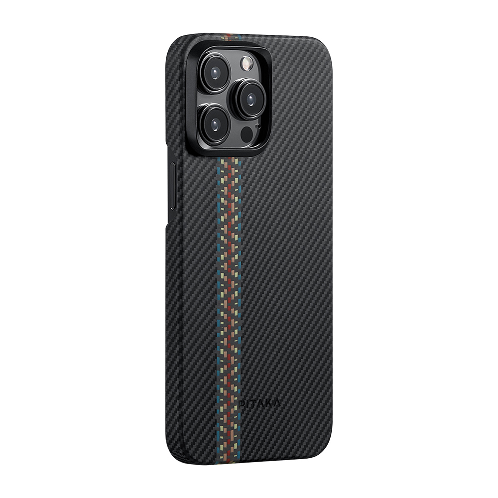 Apple iPhone 15 Pro Max Kılıf M-safe Şarj Özellikli 600D Aramid Fiber Pitaka Tactile Woven Orchestra Serisi Rhapsody Kapak - Siyah