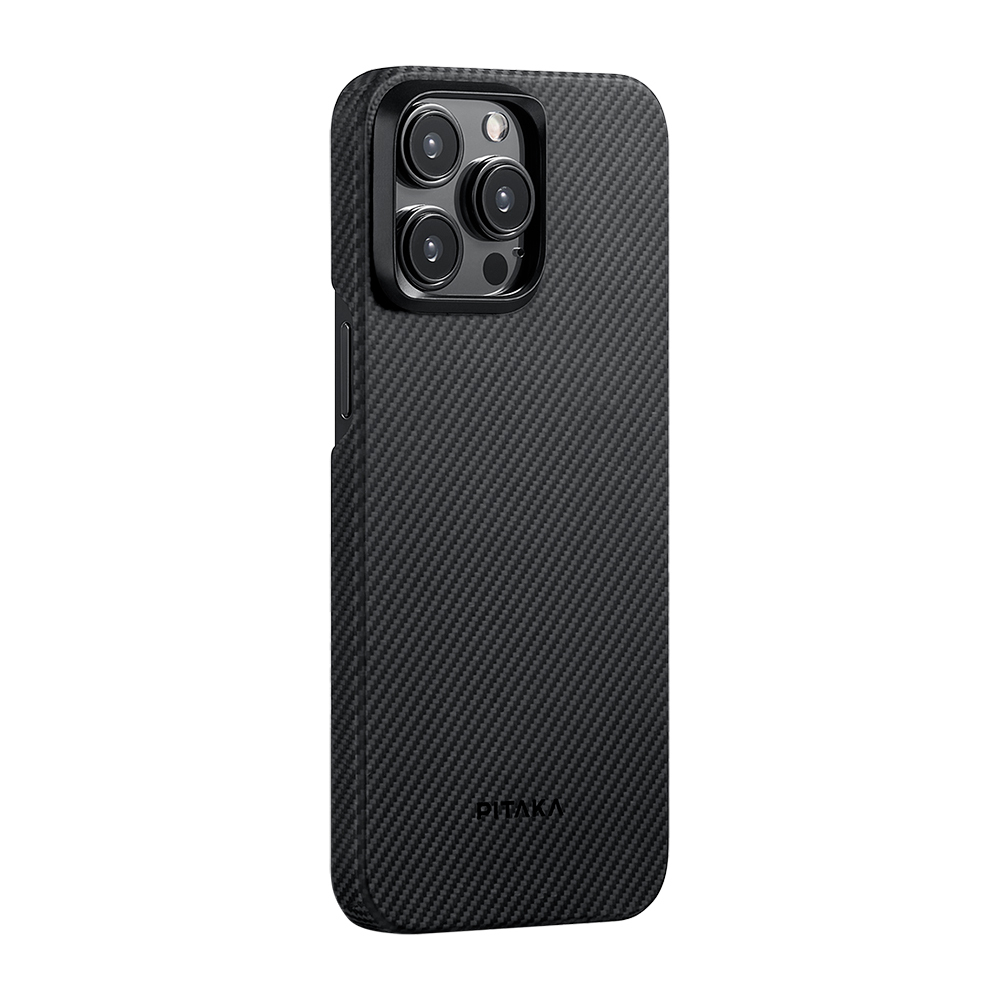 Apple iPhone 15 Pro Max Kılıf M-safe Şarj Özellikli 600D Aramid Fiber Pitaka Ultra-Slim Classic Serisi Black-Grey Twill Kapak - Siyah-Gri