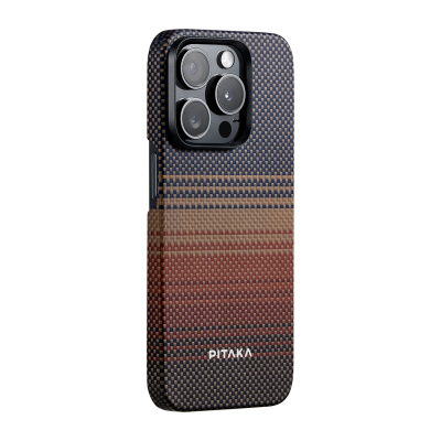 Apple iPhone 15 Pro Max Kılıf M-safe Şarj Özellikli Aramid Fiber Pitaka Tactile Woven Sunset-Moonrise Serisi Sunset Kapak - Pitaka