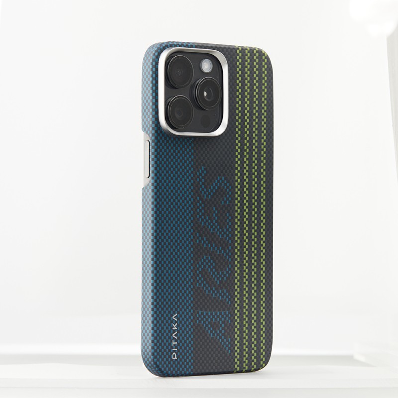 Apple iPhone 15 Pro Max Kılıf M-safe Şarj Özellikli Lumintex Teknolojili Fosforlu Aramid Karbon Fiber Pitaka Tactile Woven Aries Serisi Kapak - 8