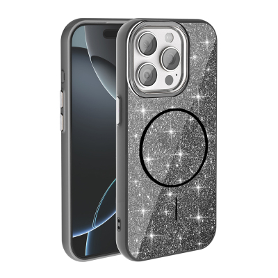 Apple iPhone 15 Pro Max Kılıf M-safe Şarj Özellikli Parlayan Simli Zore Okso Kapak - Zore