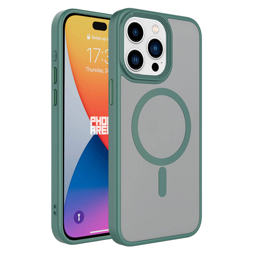 Apple iPhone 15 Pro Max Kılıf Mat Arka Yüzey Wireless Şarj Özellikli Zore Flet M-safe Kapak - Yeşil
