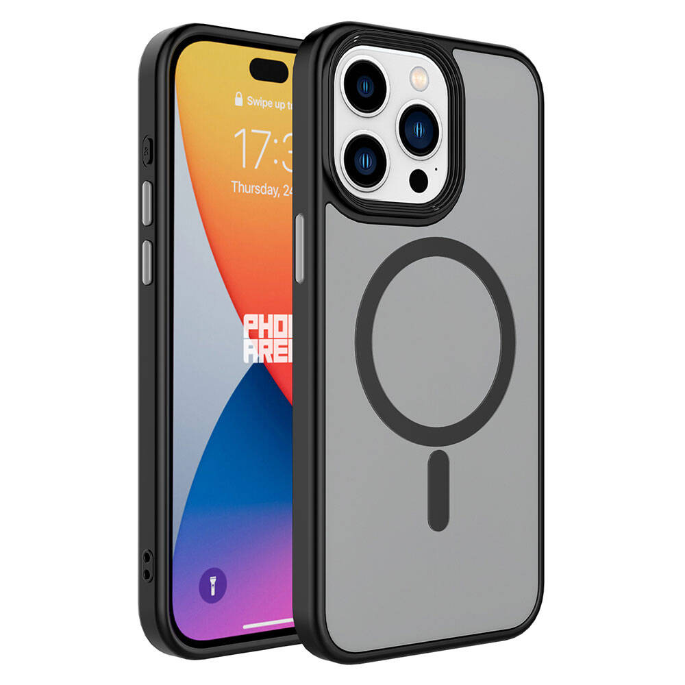 Apple iPhone 15 Pro Max Kılıf Mat Arka Yüzey Wireless Şarj Özellikli Zore Flet M-safe Kapak - Siyah