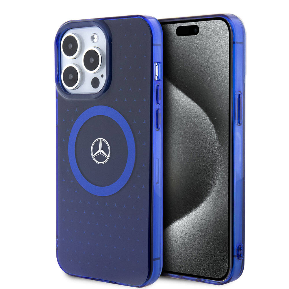 Apple iPhone 15 Pro Max Kılıf Mercedes Benz Orjinal Lisanslı M-safe Şarj Özellikli Çift Katmanlı Mavi Yıldız Desenli Kapak - Mavi