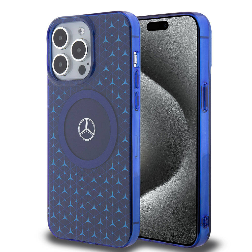Apple iPhone 15 Pro Max Kılıf Mercedes Benz Orjinal Lisanslı M-safe Şarj Özellikli Çift Katmanlı Mini Yıldız Desenli Kapak - Mavi