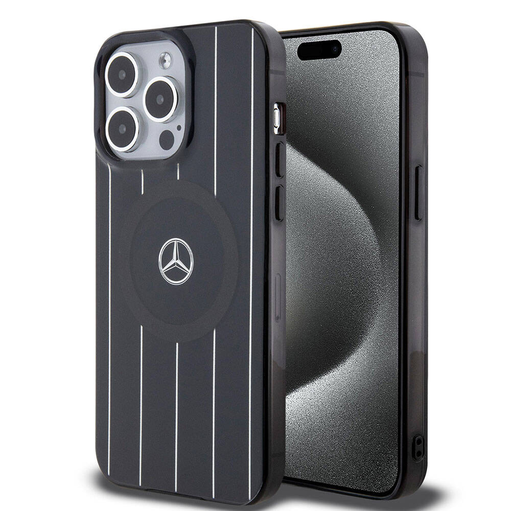 Apple iPhone 15 Pro Max Kılıf Mercedes Benz Orjinal Lisanslı M-safe Şarj Özellikli Çift Katmanlı Paralel Çizgi Desenli Kapak - Siyah