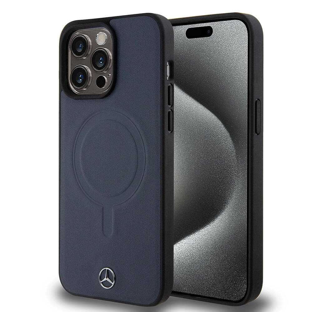 Apple iPhone 15 Pro Max Kılıf Mercedes Benz Orjinal Lisanslı M-safe Şarj Özellikli Metal Yıldız Logolu Pürüzsüz Deri Kapak - Lacivert