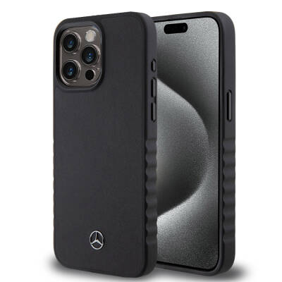 Apple iPhone 15 Pro Max Kılıf Mercedes Benz Orjinal Lisanslı Tırtıklı Kenar Tasarımlı Metal Yıldız Logolu Pürüzsüz Hakiki Deri Kapak - Mercedes Benz