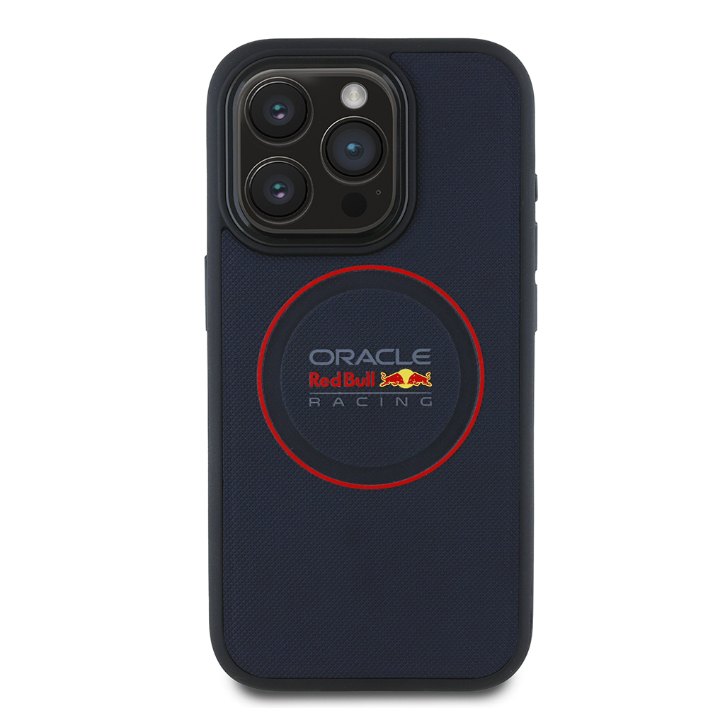 Apple iPhone 15 Pro Max Kılıf Redbull Orjinal Lisanslı M-safe Şarj Özellikli Kırmızı Halka ve Logo Kabartmalı PU Deri Kapak - Lacivert