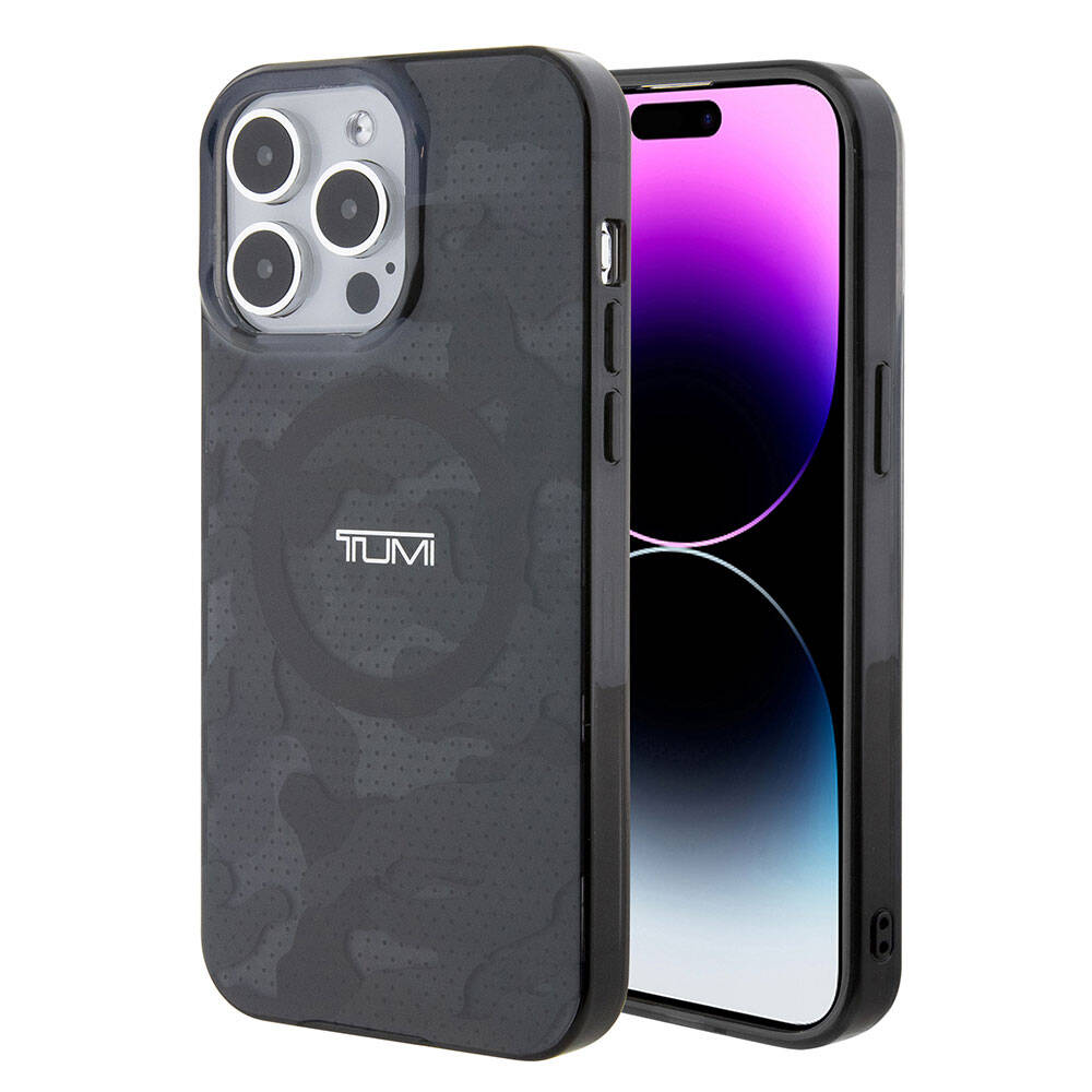 Apple iPhone 15 Pro Max Klf TUMI Orjinal Lisansl M-safe arj zellikli PC TPU ift Katmanl Kamuflaj Desenli Kapak - Gri