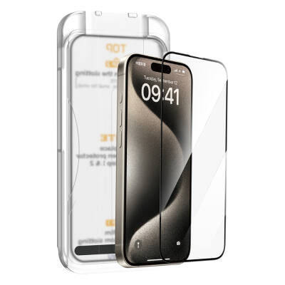 Apple iPhone 15 Pro Max Wiwu SQ-008 Oleophobic Easy Install Shockproof Tempered Glass Screen Protector + Easy Application Tool - Wiwu